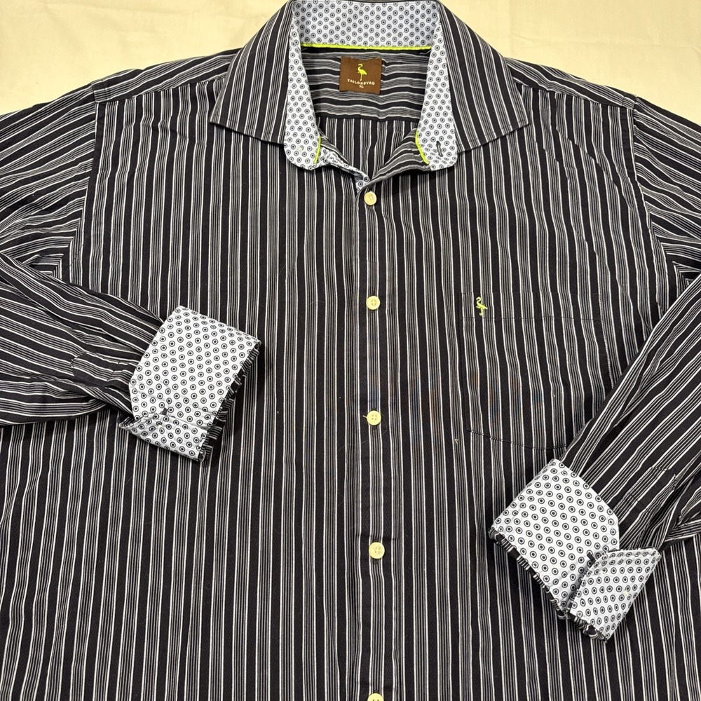TAILORBYRD Dress Shirt NAVY VERT/STRIPE L/S Flip Cuff Button Up Mens Size XL